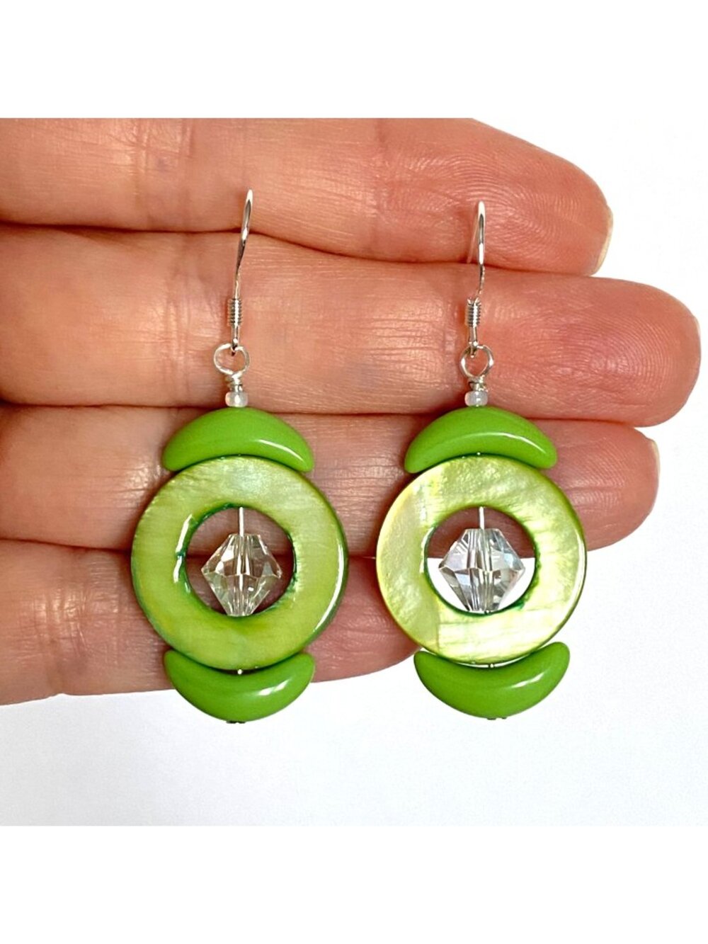 Green Mother Of Pearl Rings Swarovski Crystal Vintage Glass Dangle Pierced Hooks